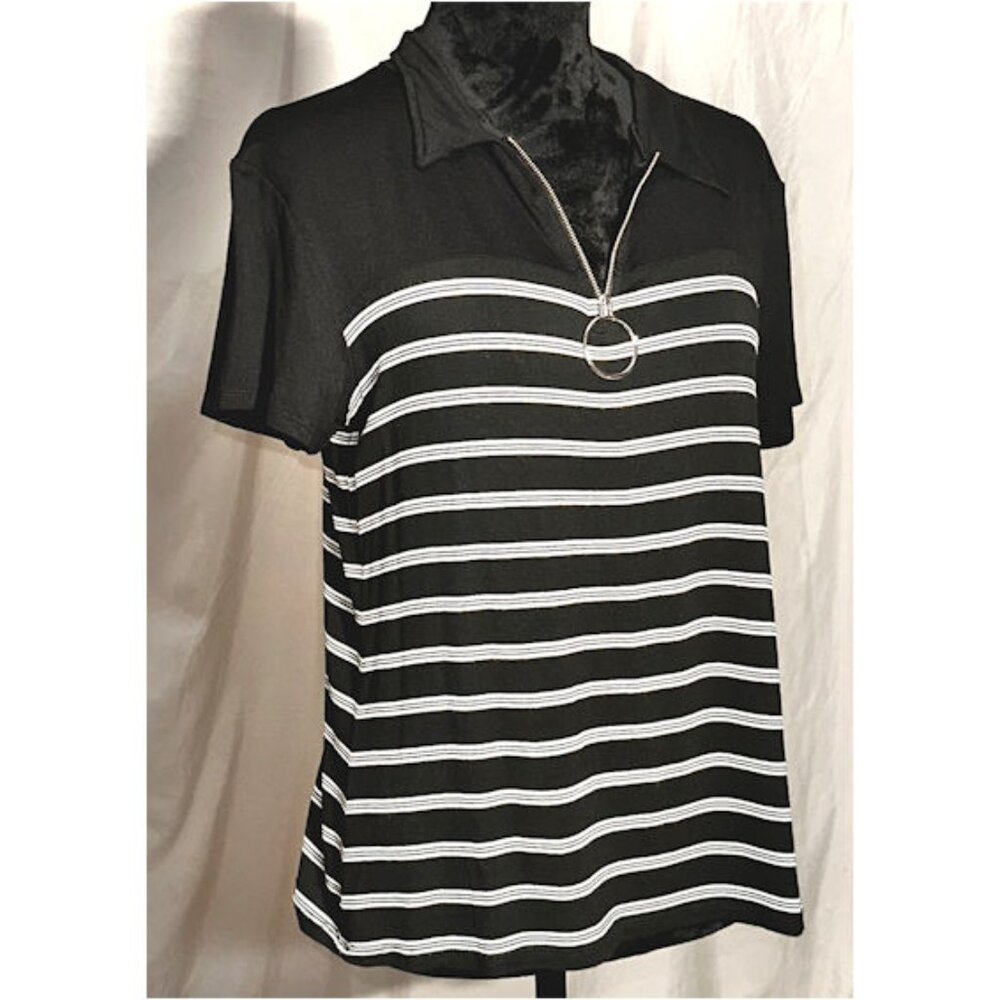 Espresso Knit Top, Black and White Striped, Zipper Henley, Medium
